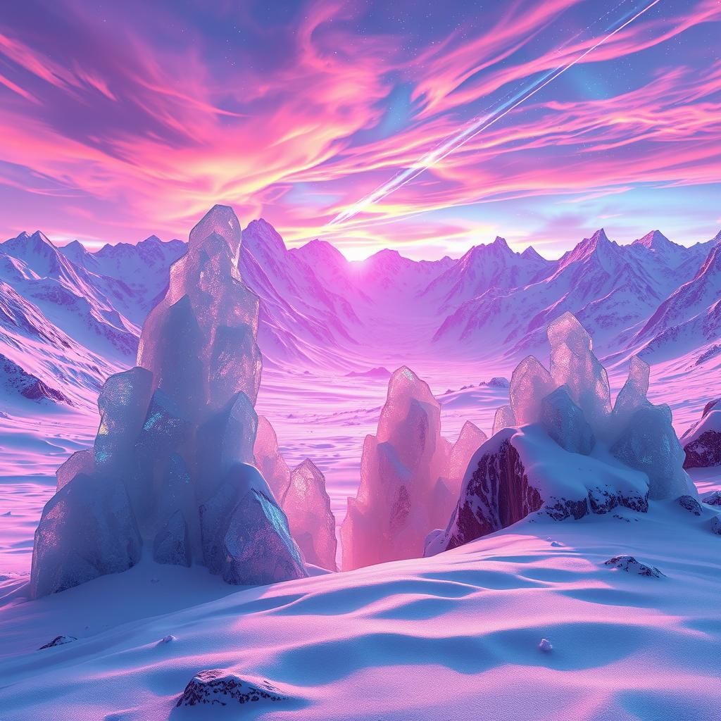 Crystalline Geodes in Anime-Style Winter Landscape