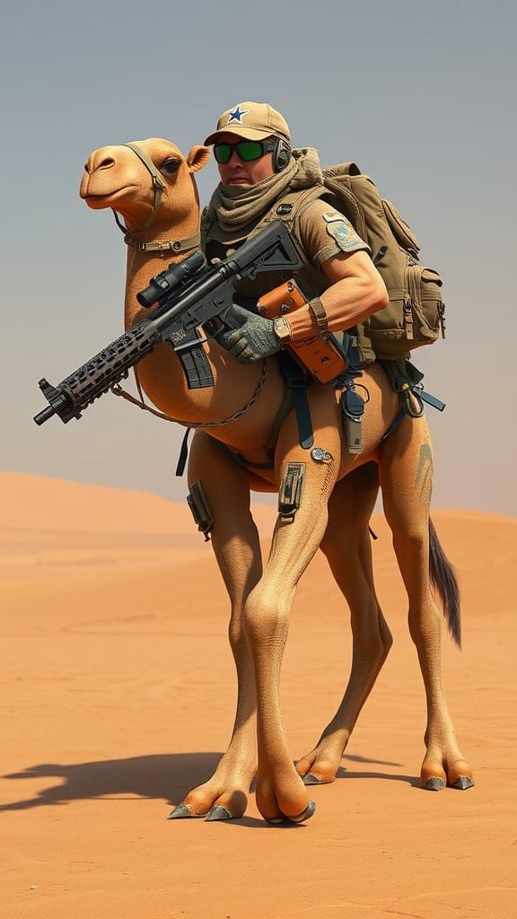 Navy SEAL-Camel Hybrid in Arid Desert Landscape