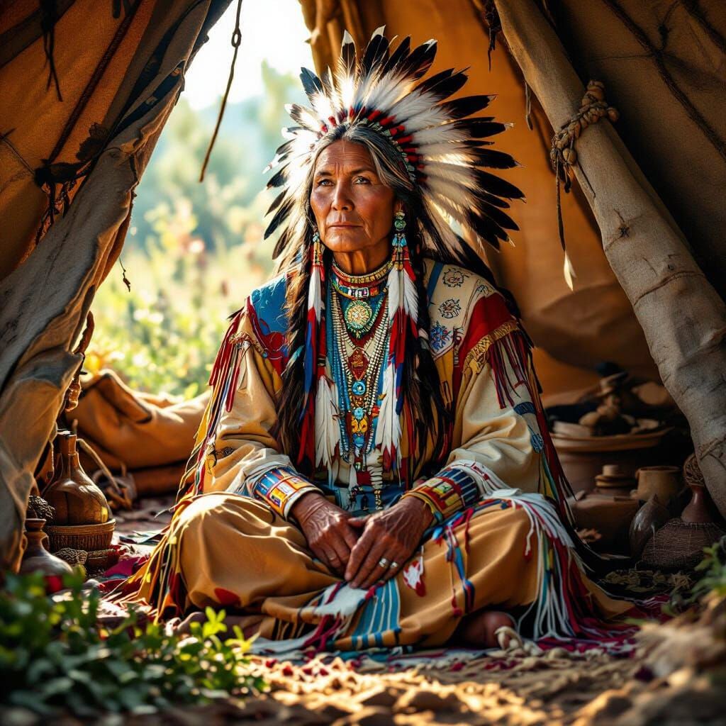 Cheyenne Medicine Woman in Teepee: Hyperrealistic Portrait