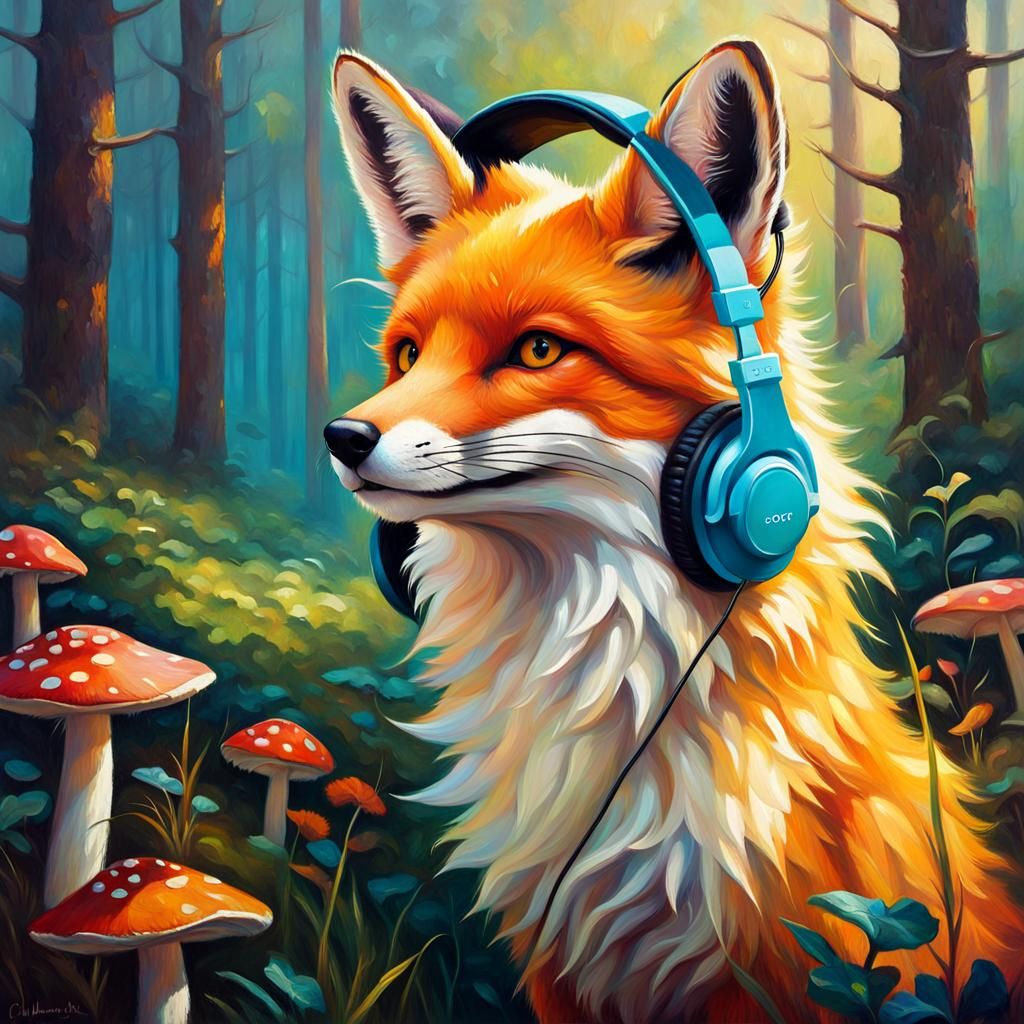 Mushroom Fox with Headphones: Impressionist Oil Painting