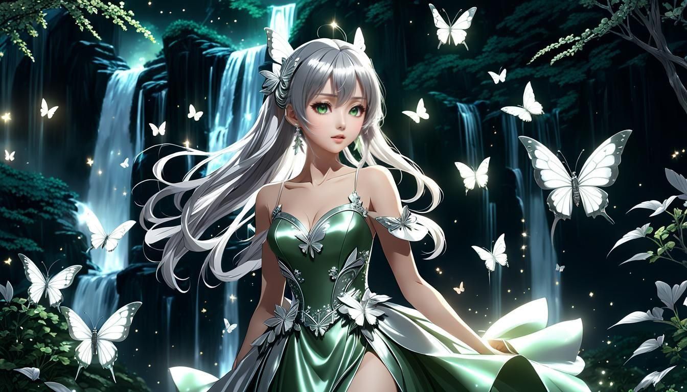 At nighttime view, an anime girl very beautiful in silver gr...