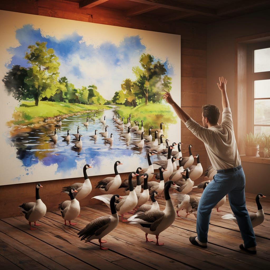 Vibrant Watercolour River Scene Unfolds as Geese Enter Reali...