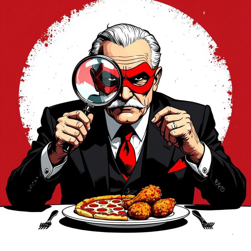 Masked Detective Inspects Pizza in Stylized Digital Art