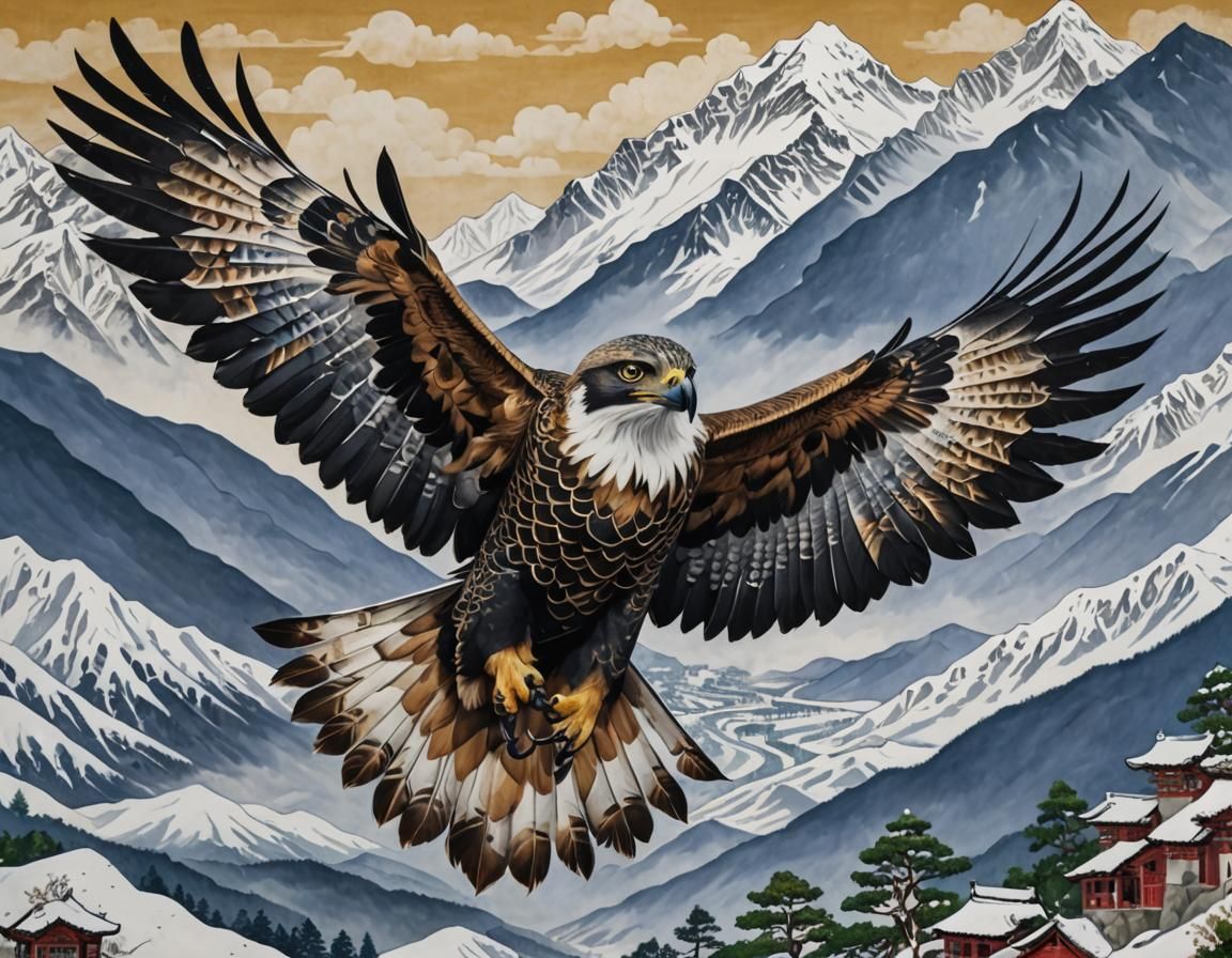 A stunning Thangka painting featuring the majestic Mountain Hawk-Eagle, native to the mountainous regions of Asia, from ...