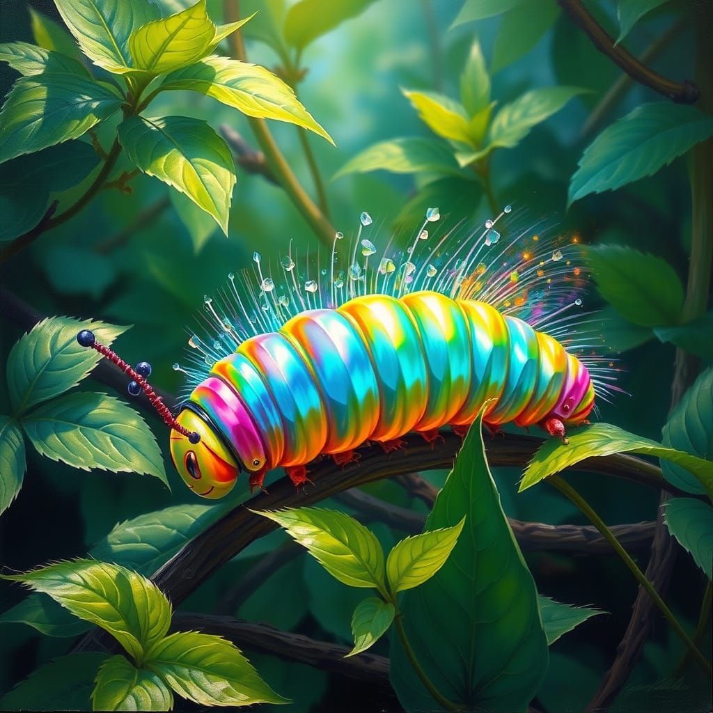 Rainbow Caterpillar Emerges in Lush Green Paradise