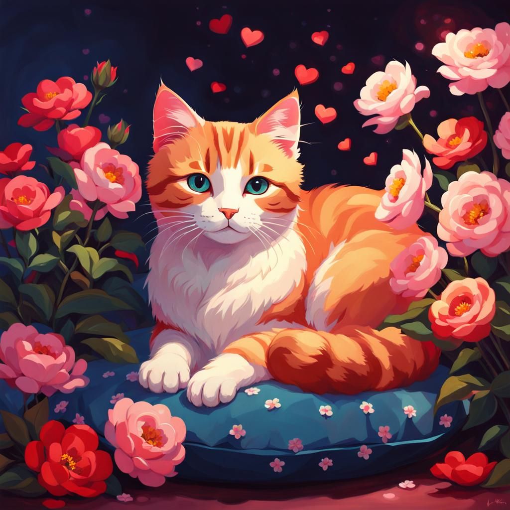 Cute Cat Surrounded by Flowers in Anime Style