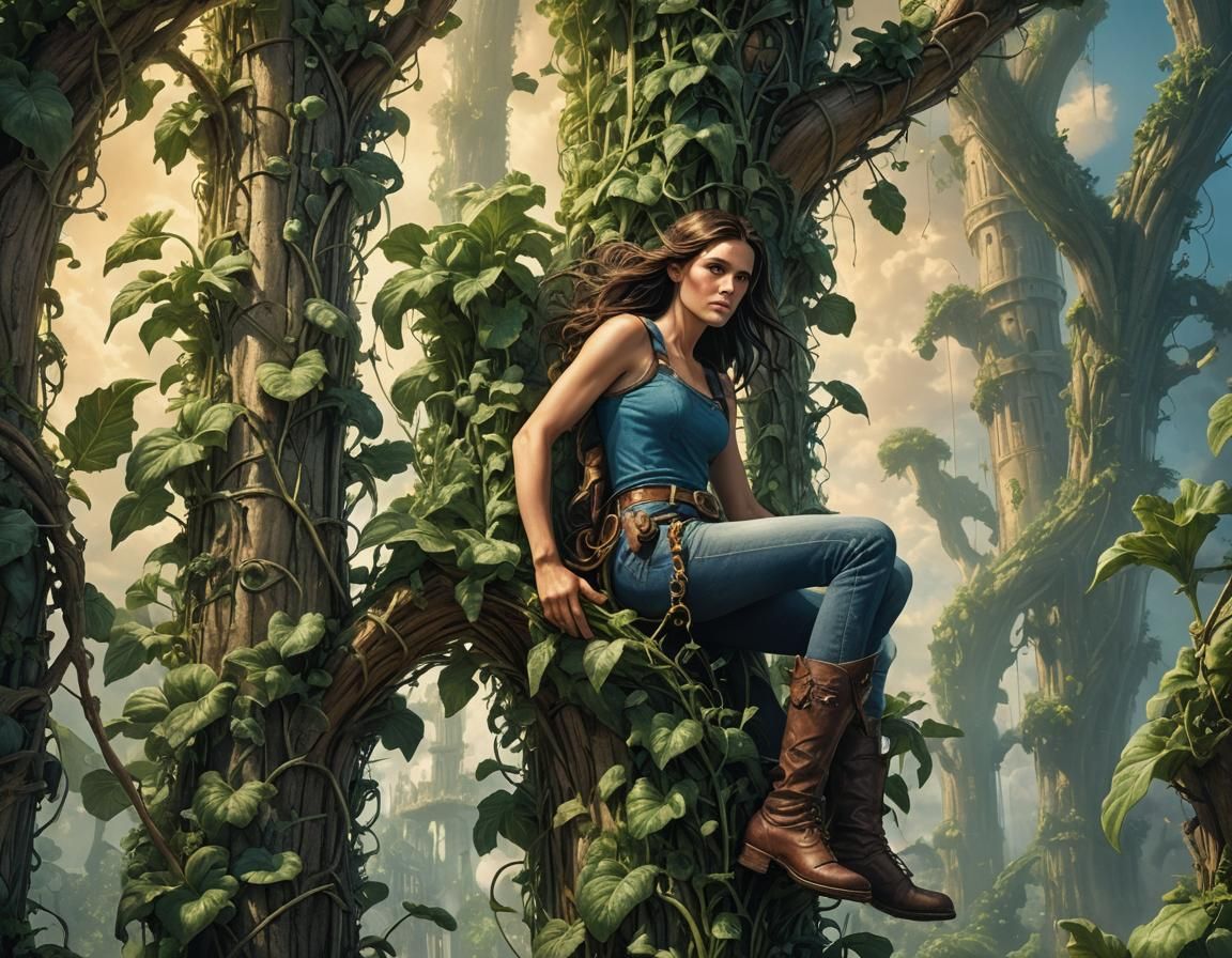 Woman Climbing a Giant Beanstalk in Sunlight