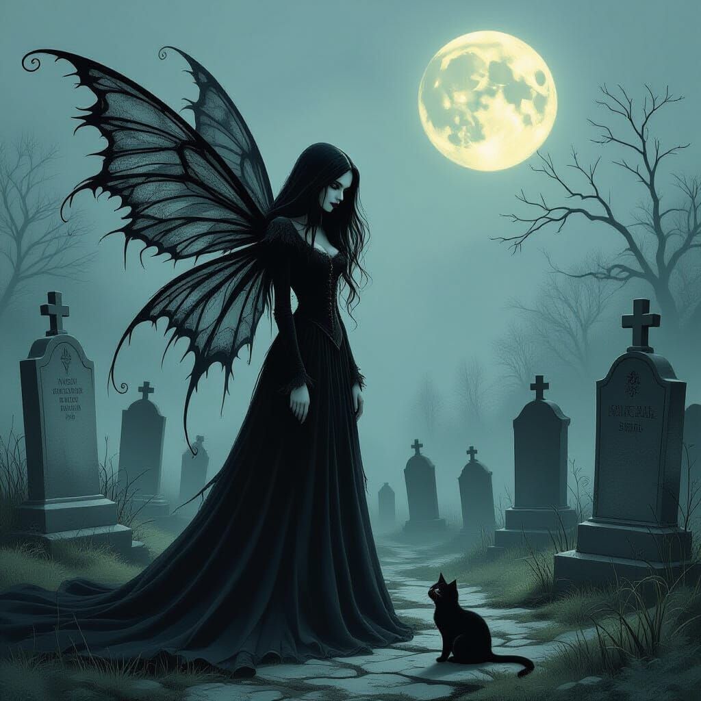 Gothic Fairy in Cemetery, Edward Gorey Style