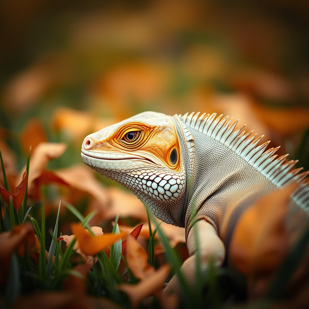 Iguana Portrait in Autumn Leaves