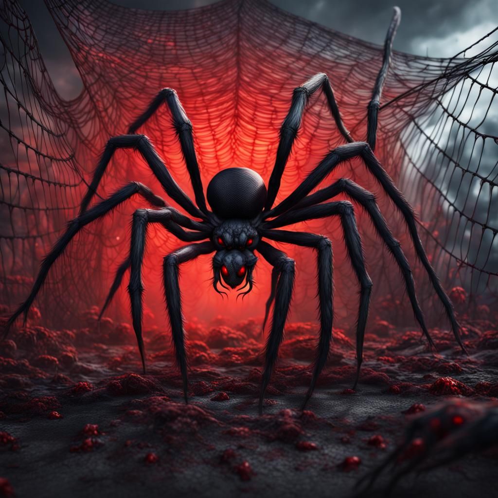 Giant Black Spider in Bloody Web: Fantasy Art