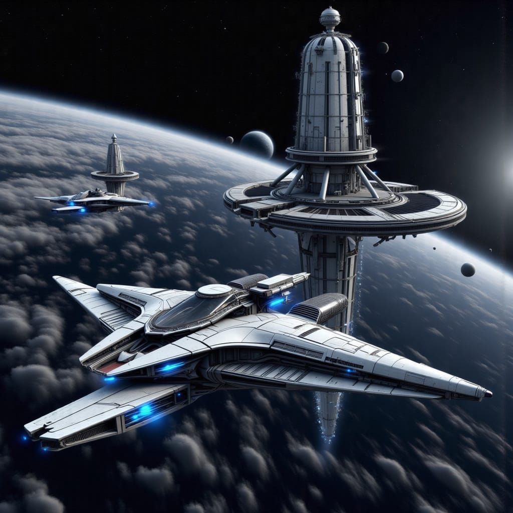 Futuristic Spaceship in Orbit around a Massive Space Station