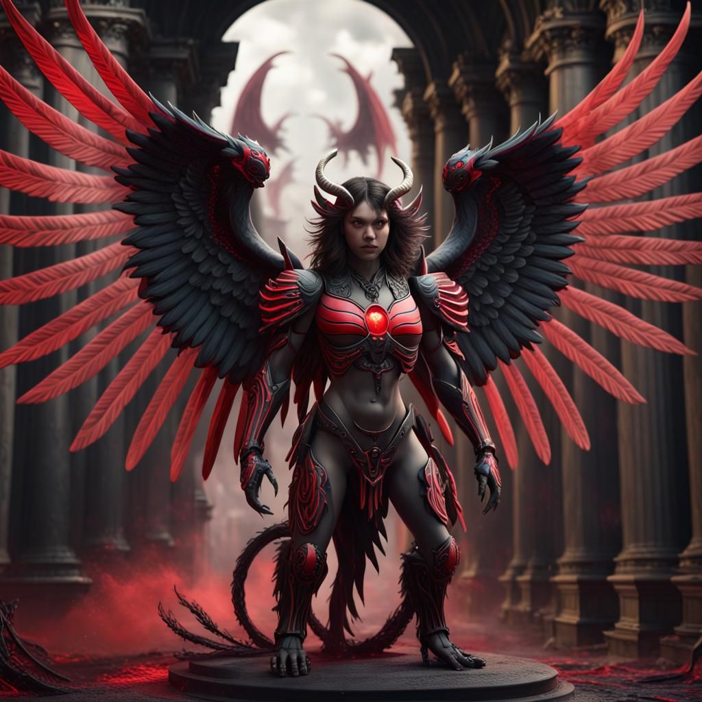 Black and Red Striped Chimera with Angel Wings