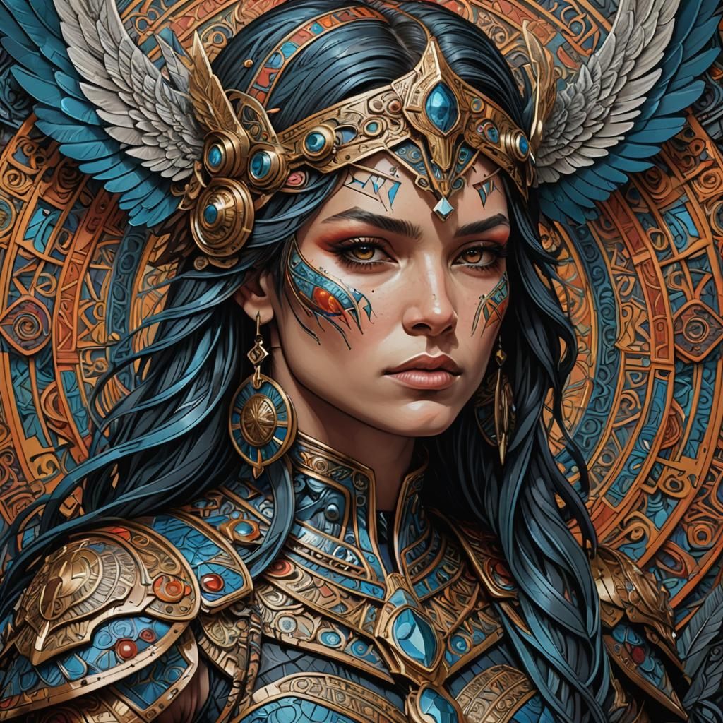 Detailed Valkyrie with Sharp Lines and Triadic Colors