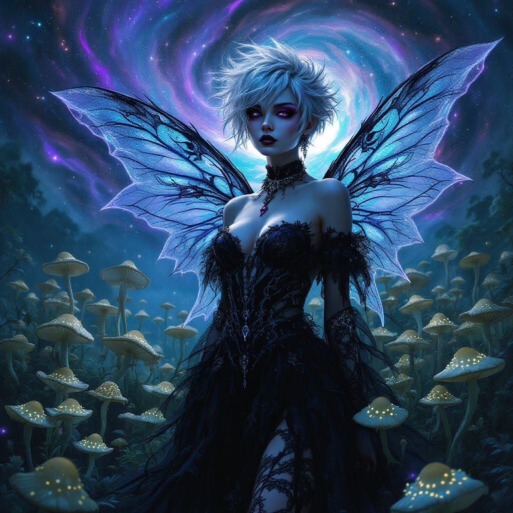 Ethereal Gothic Fairy Amidst Bioluminescent Mushrooms in a C...