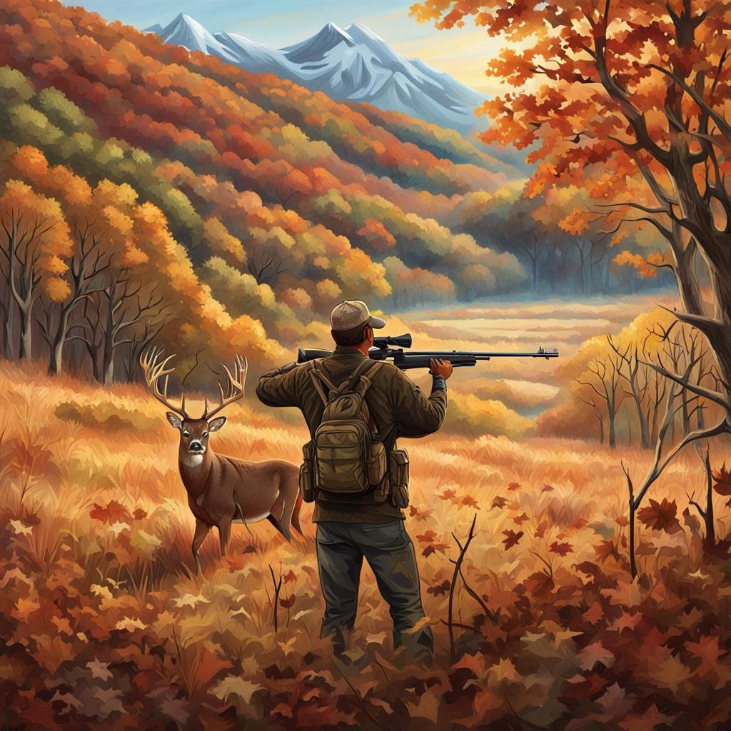Hunter Aims at Buck in Autumn Field, Hyperrealistic