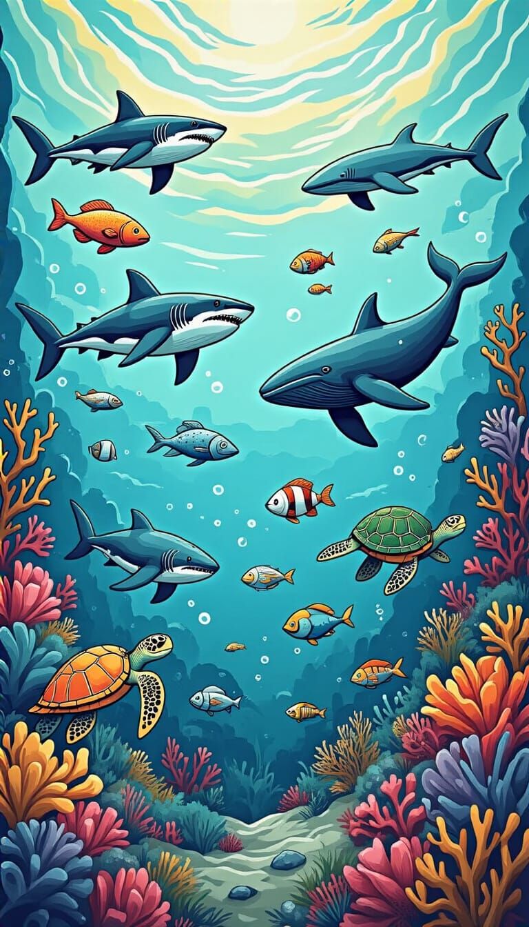 Lively Ocean Scene with Marine Life and Reef