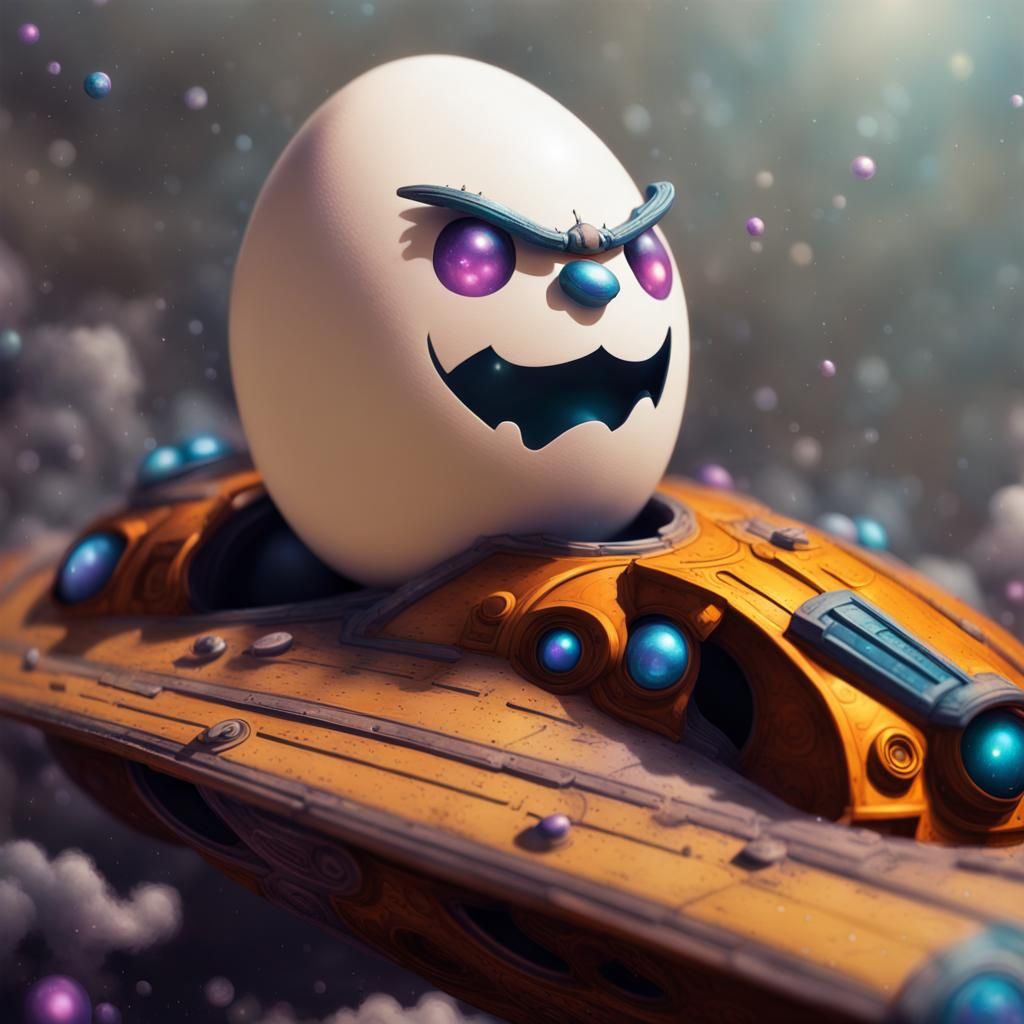 Angry Egg Rides Spaceship in Luminist Style