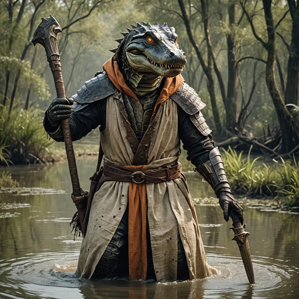Alligator Warrior in Bayou, Hyperdetailed Concept Art