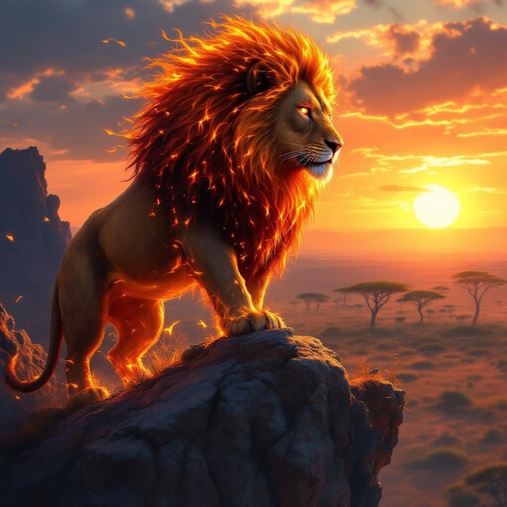 Lion with Flaming Mane Overlooking Savanna Sunset