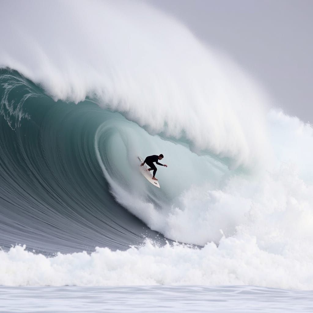 Surfer Riding a Massive Wave at Mavericks in Epic Style