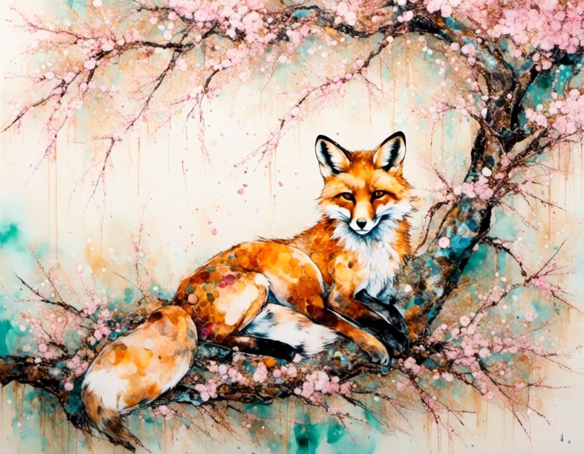 Fox in Cherry Blossom Tree, Japanese Style