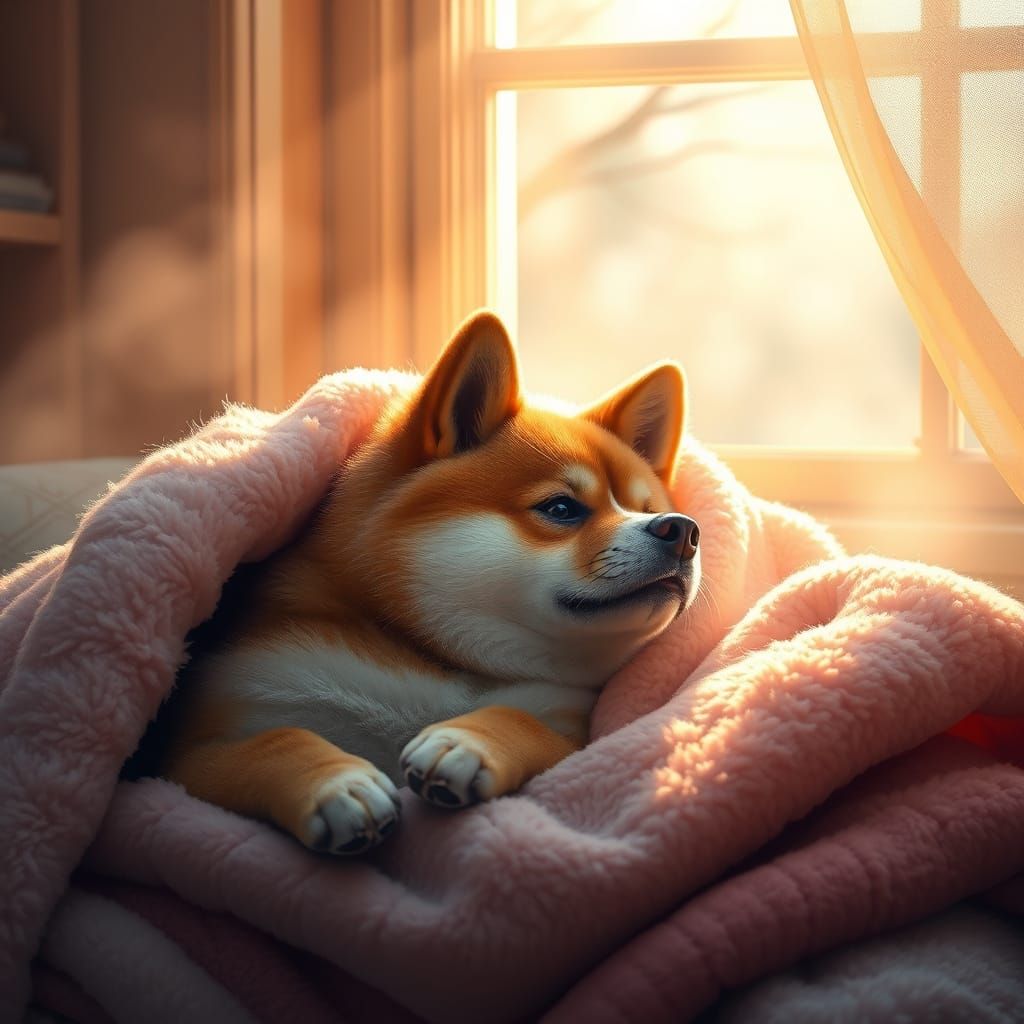 Shiba Inu in Sunlight: Kinkade-Inspired Cozy Scene