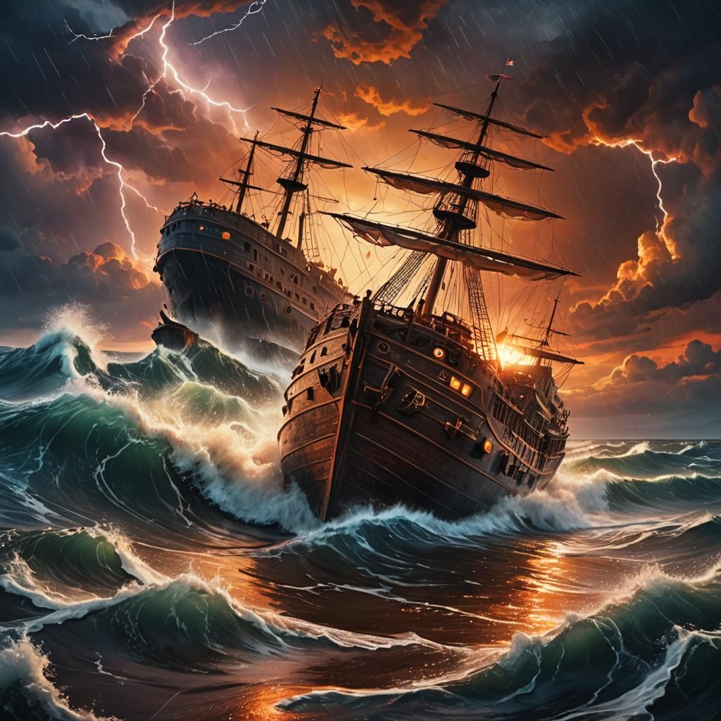 Ship Sinking in a Stormy Sunset: Fantasy Concept Art