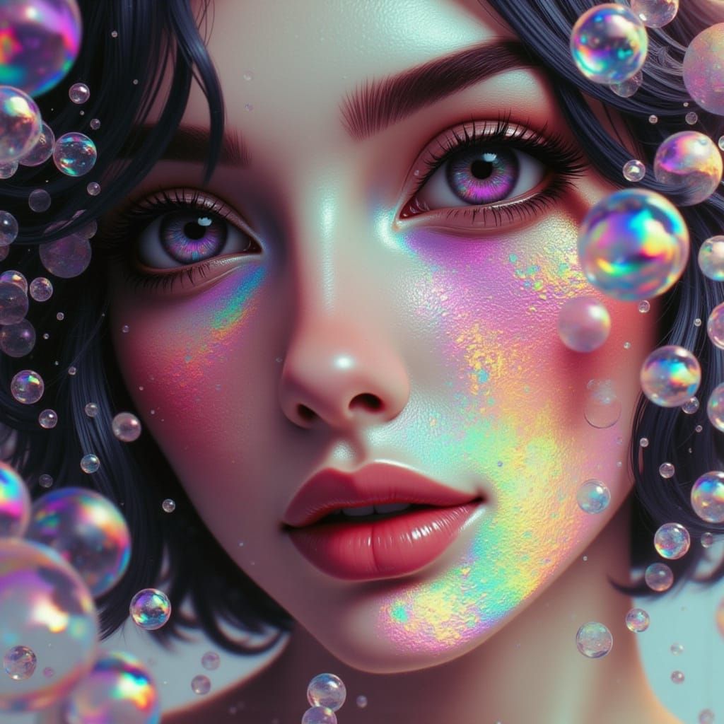 Glitch Art Portrait with Iridescent Bubbles