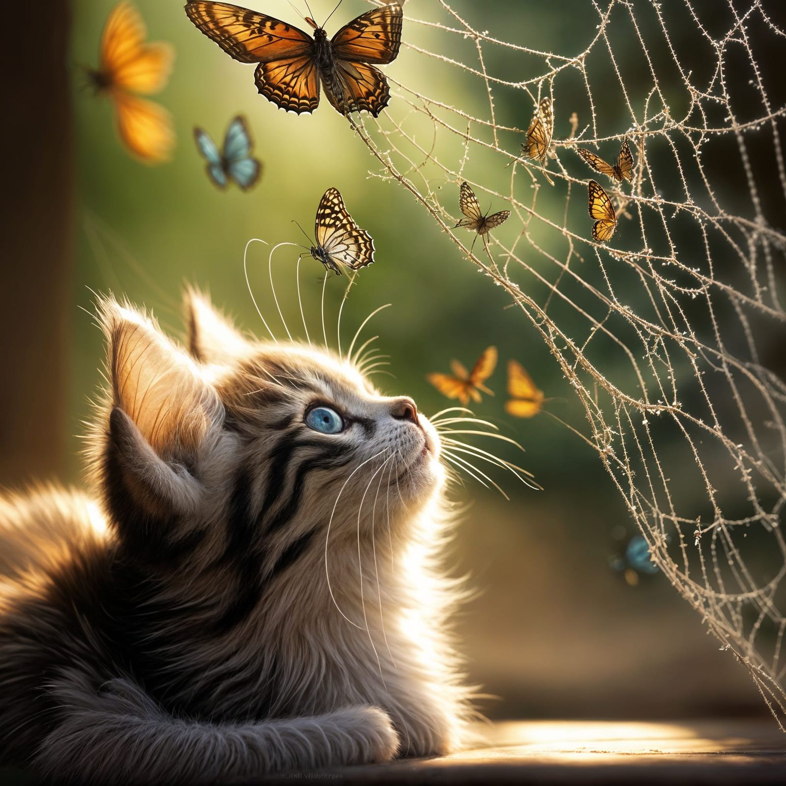 Fluffy Kitten and Butterflies in Sunlight