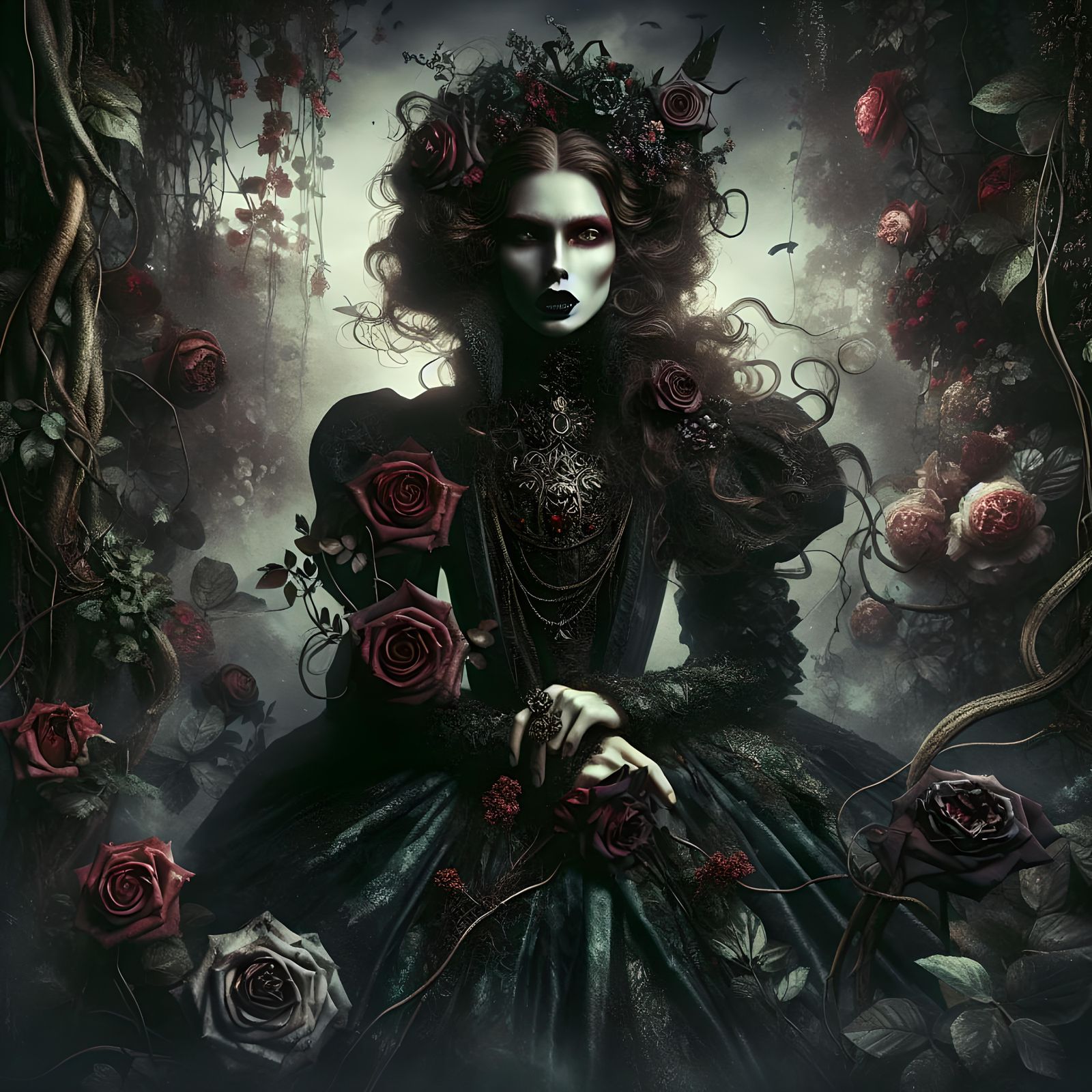 Woman, gothic, Emilie Autumn, roses, vines, ivy