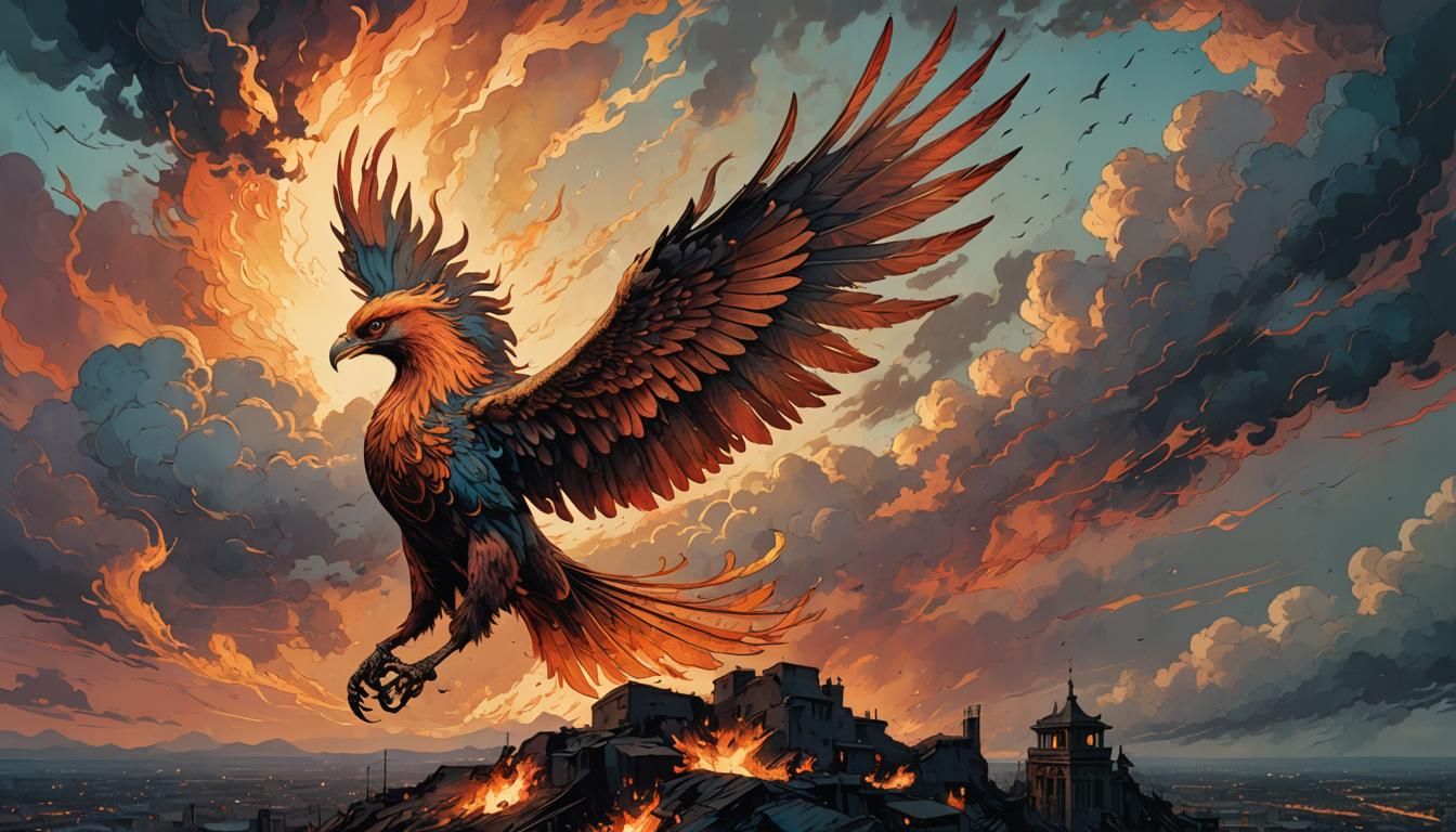 Fire Phoenix at Dusk in Retro Fantasy Style
