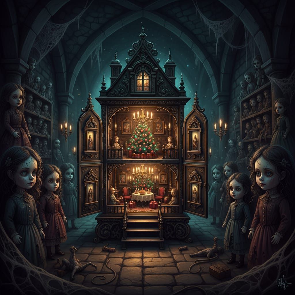 Gothic Dolls Watch Christmas Dollhouse in Sinister Cellar