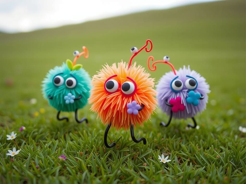 Surreal Clay Characters on Green Landscape