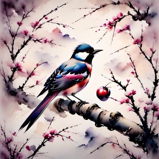 Bird and Plum: Muted Chinese Ink Watercolor