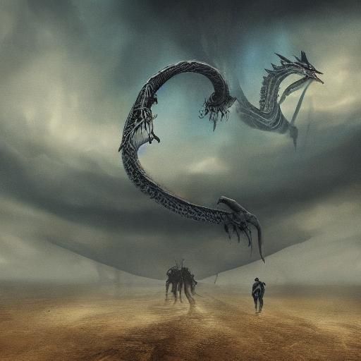 Dreamlike Serpent Confronts Barren Landscape in Surrealist O...