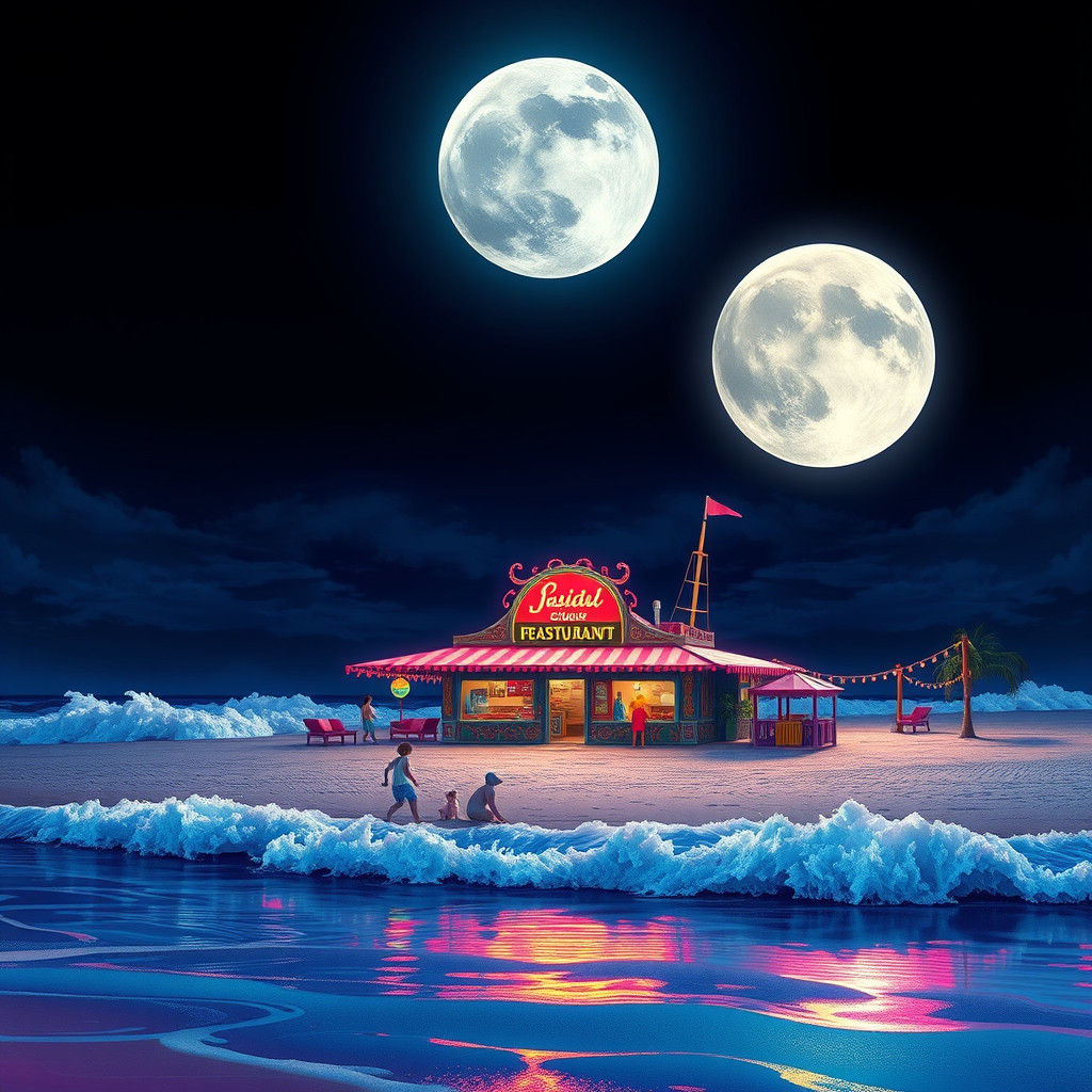 Whimsical Beach Restaurant Under a Radiant Moon