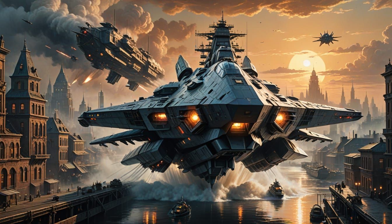 Epic Starship Launch from Futuristic City Old Master Paintin...