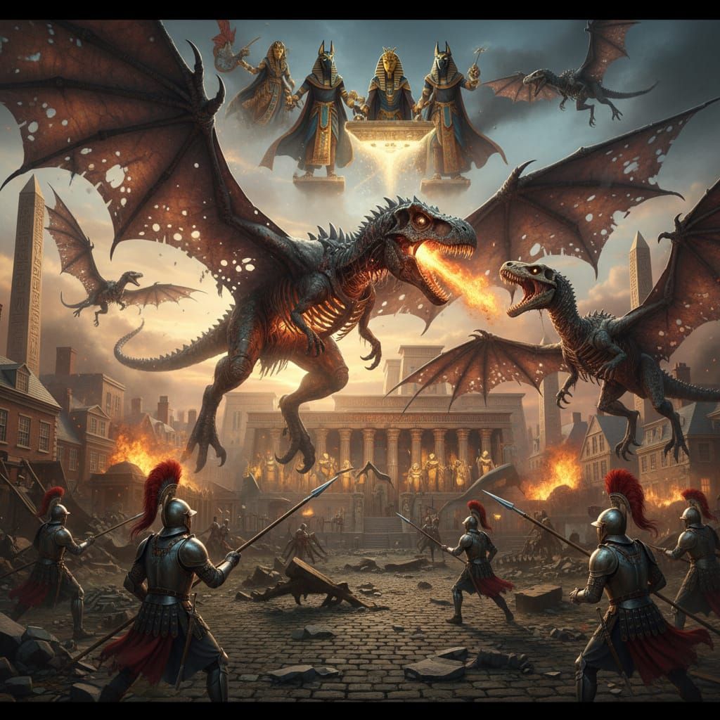 T-Rex Dragon vs Indoraptors in Ancient Egypt