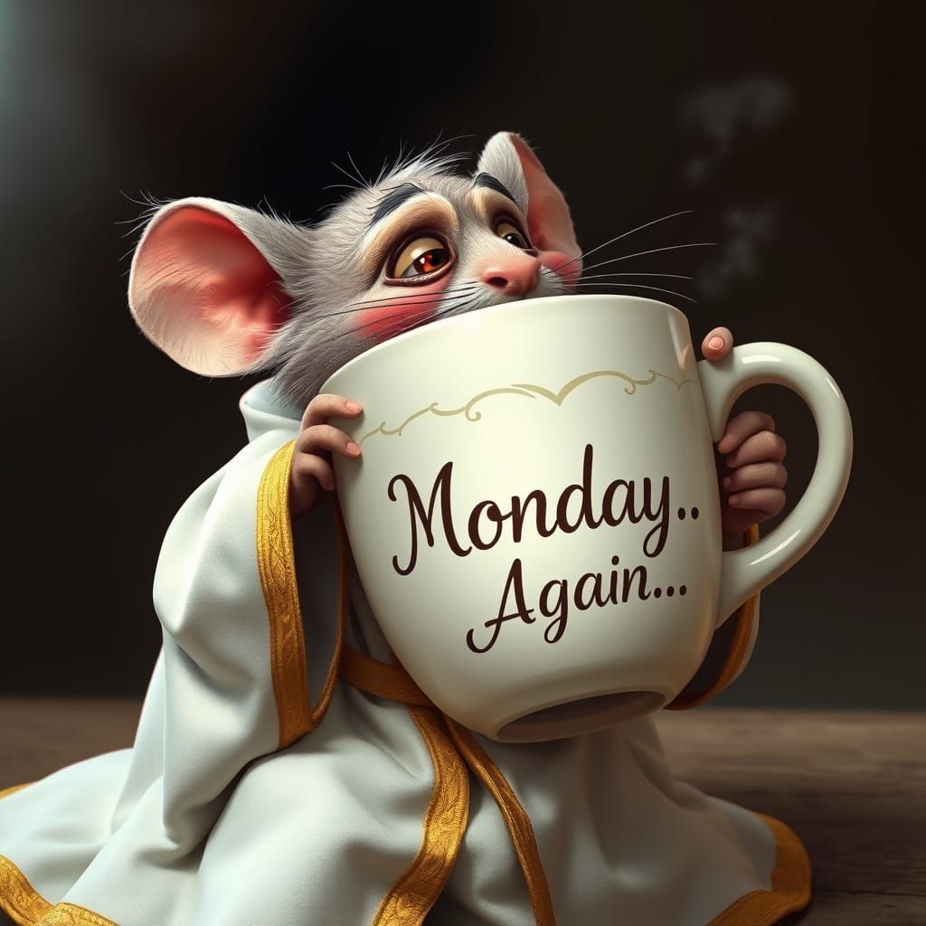 Mouse in White Robe Sipping Coffee, Fantasy Art