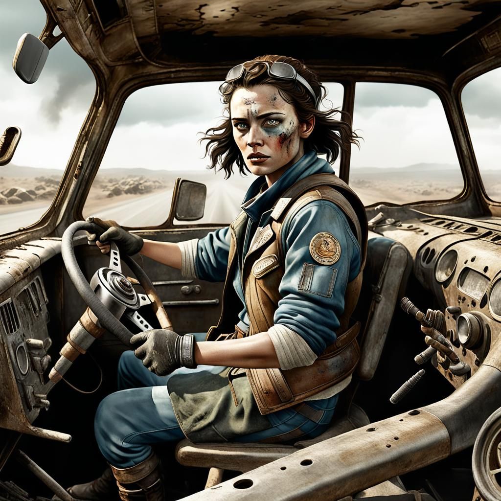 Post-Apocalyptic Driver in Action Movie Scene