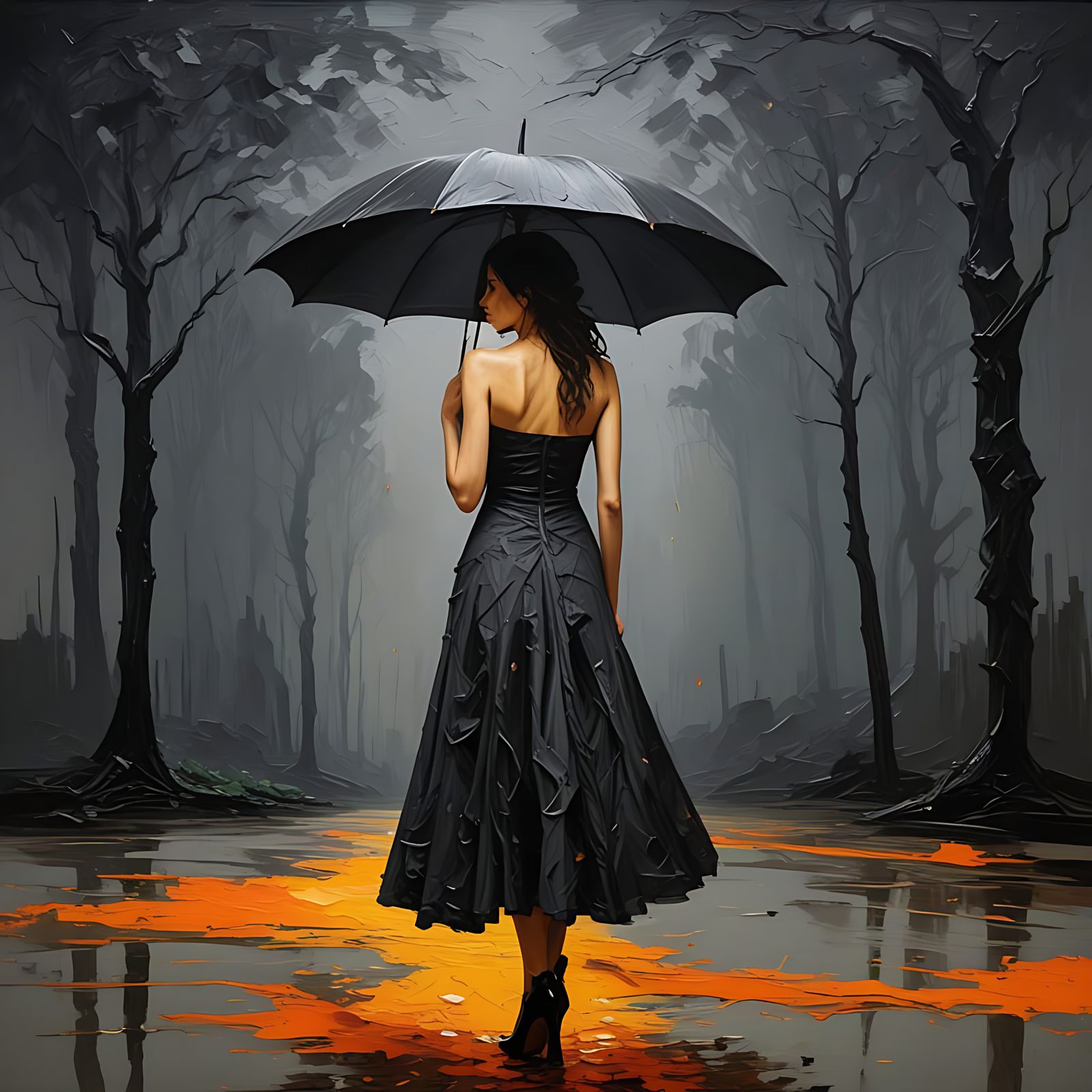 Woman with Yellow Umbrella: Impasto Painting