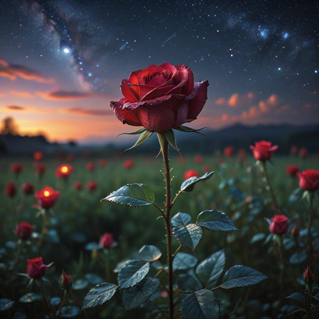 Glowing Red Rose Under Starry Sky