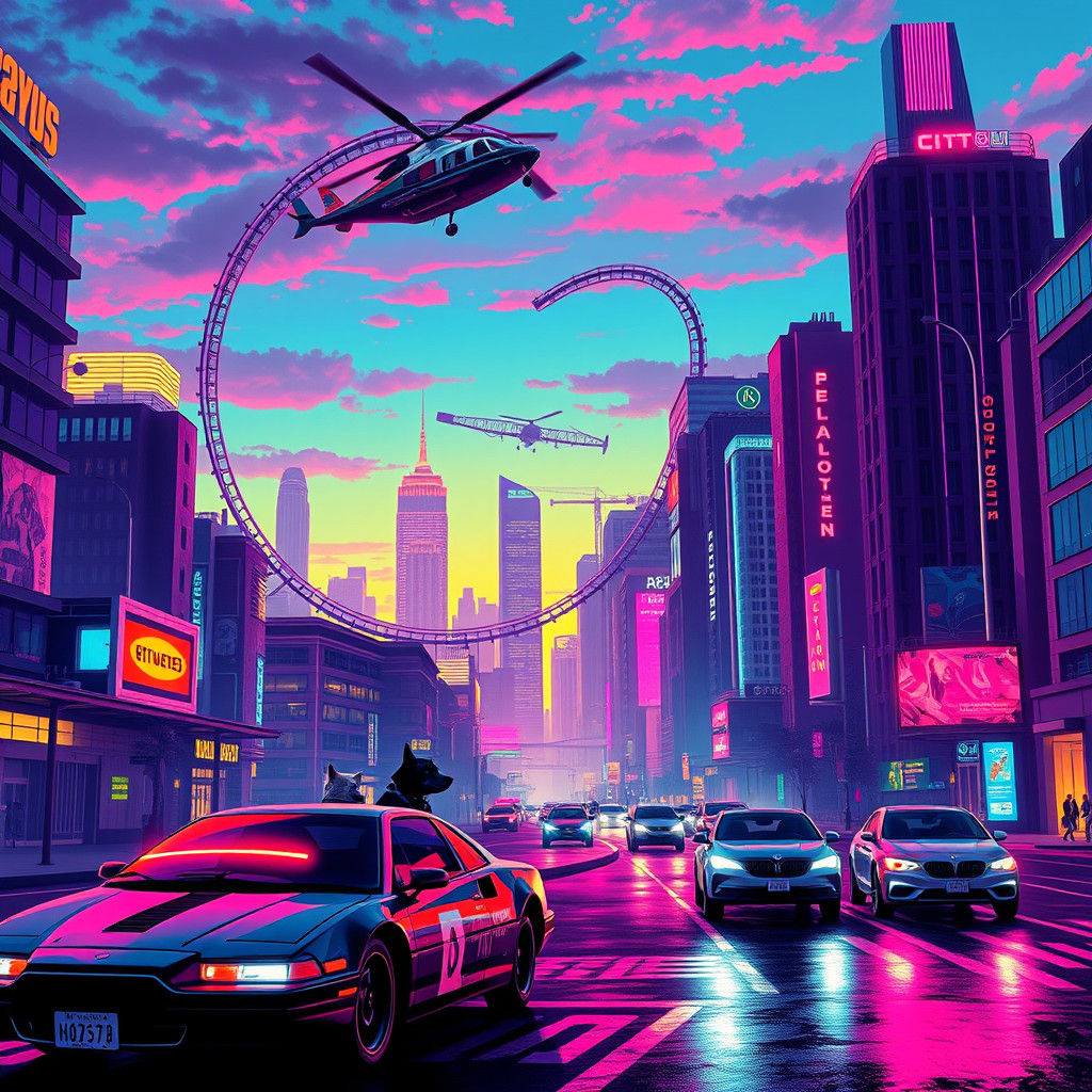 Neon Synthwave Cityscape with Roller Coaster Helicopter