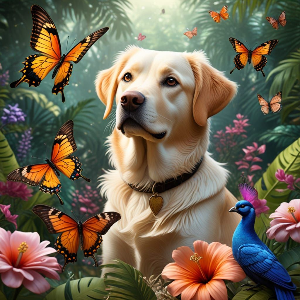 Baroque-Inspired Labrador Twins Play Among Tropical Blooms