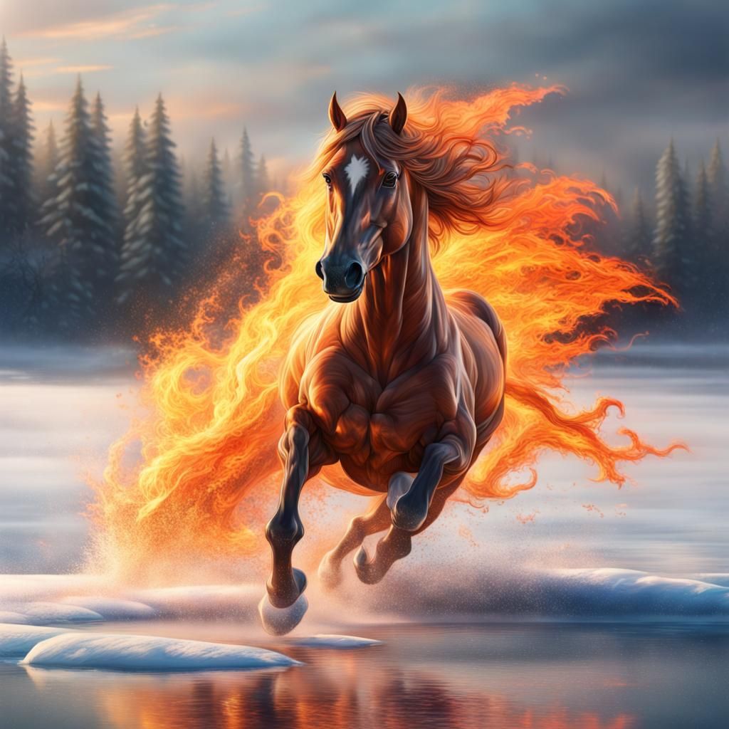 Fiery Horse Runs on Frozen Lake: Hyperrealistic Splash Art