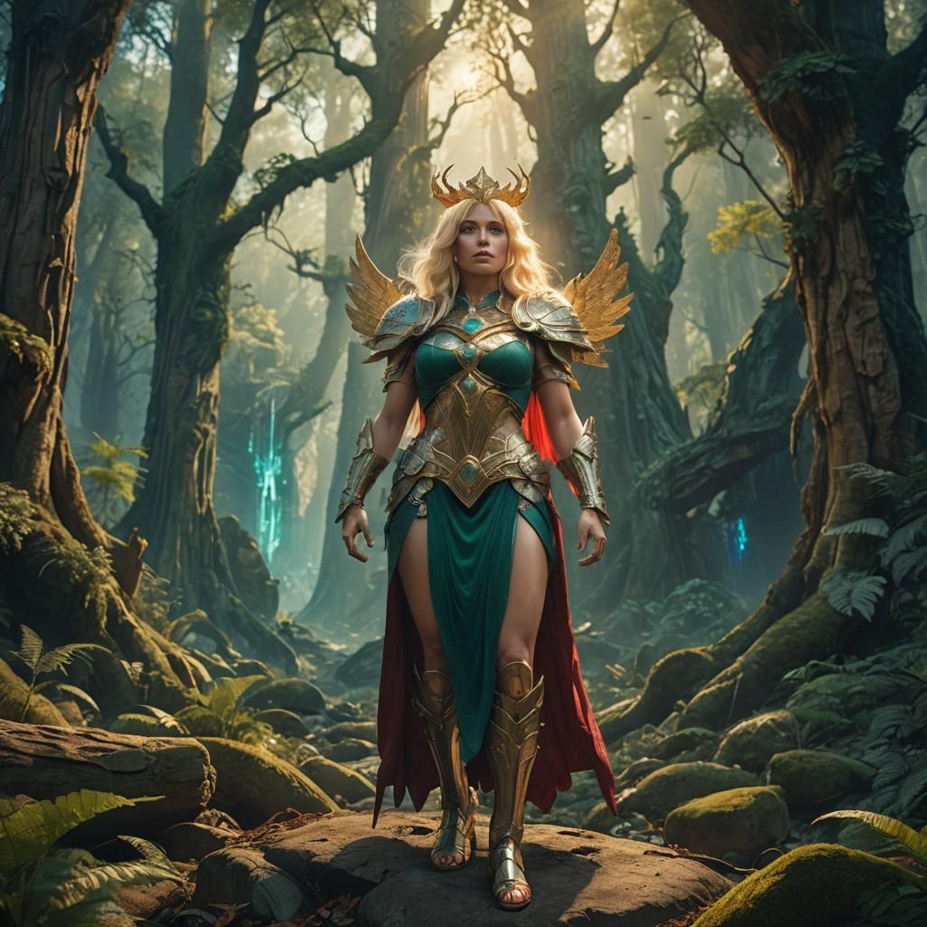 Angelic Warrior in Ancient Mystic Forest