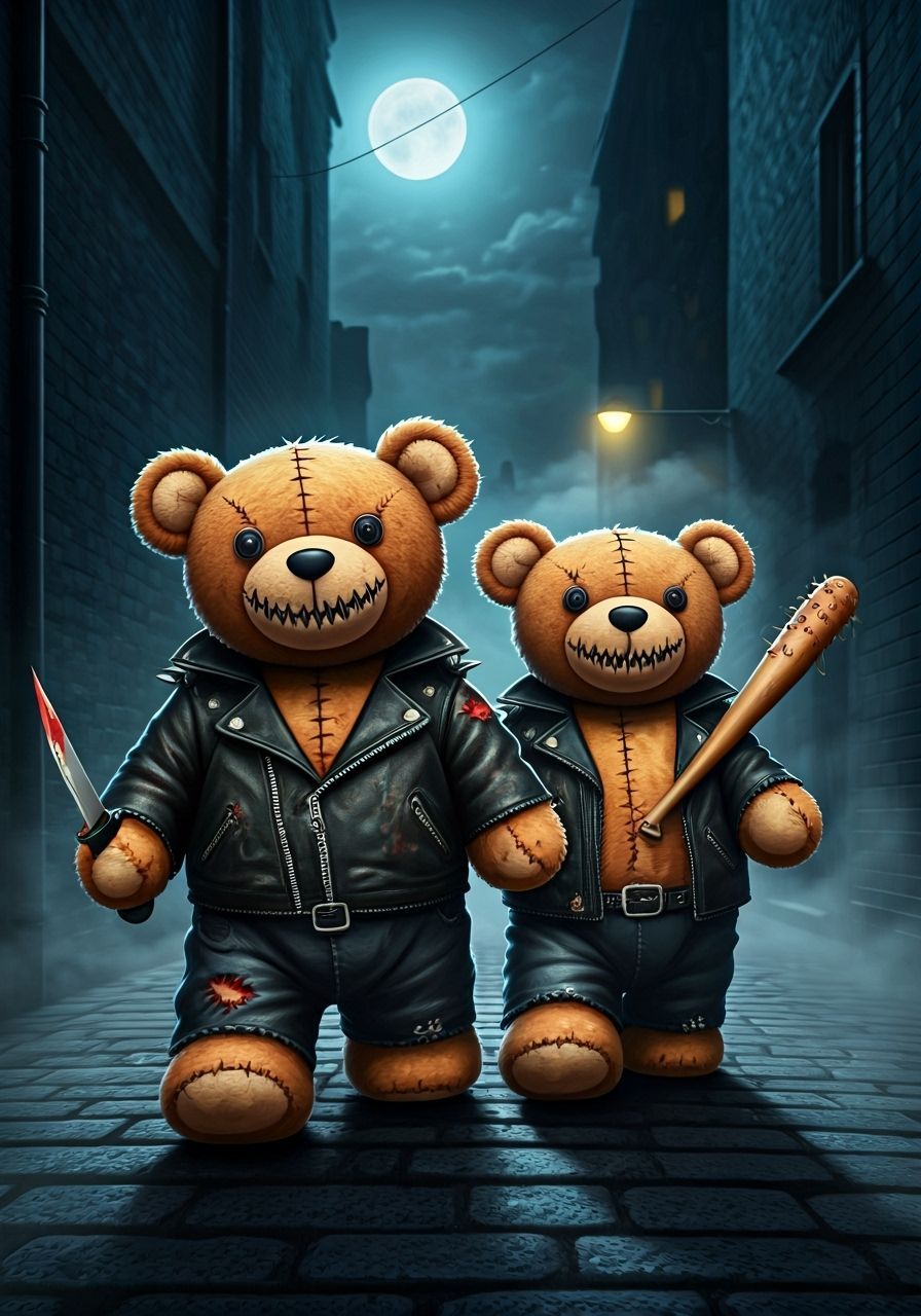 Creepy Teddy Bears in Biker Jackets in Dark Alley
