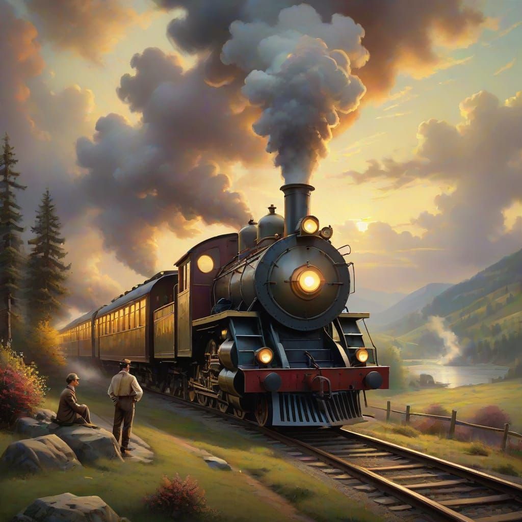 Two Young Men Stand on Vintage Train, Gazing at Passing Land...