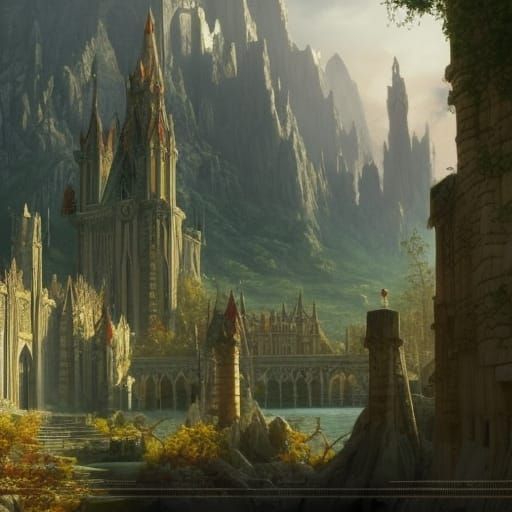 Golden Elven City in High Fantasy Style