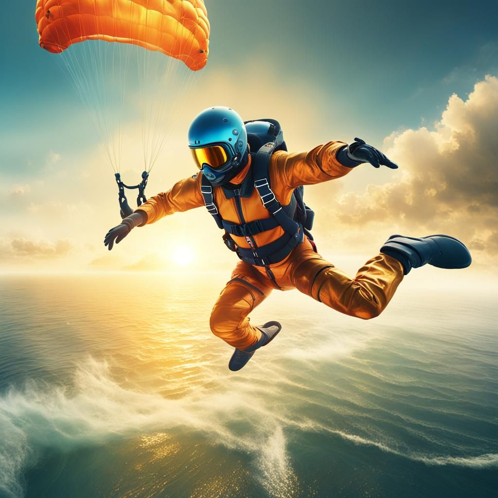 Skydiver Over Crystal Ocean: Digital Matte Painting